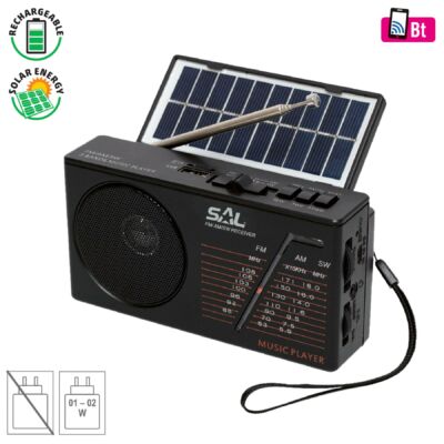 SAL RPH 1 napelemes rádió és multimédia lejátszó, hibrid töltés, 3 sávos AM-FM-SW rádió, USB/MicroSD, ~11 óra üzemidő