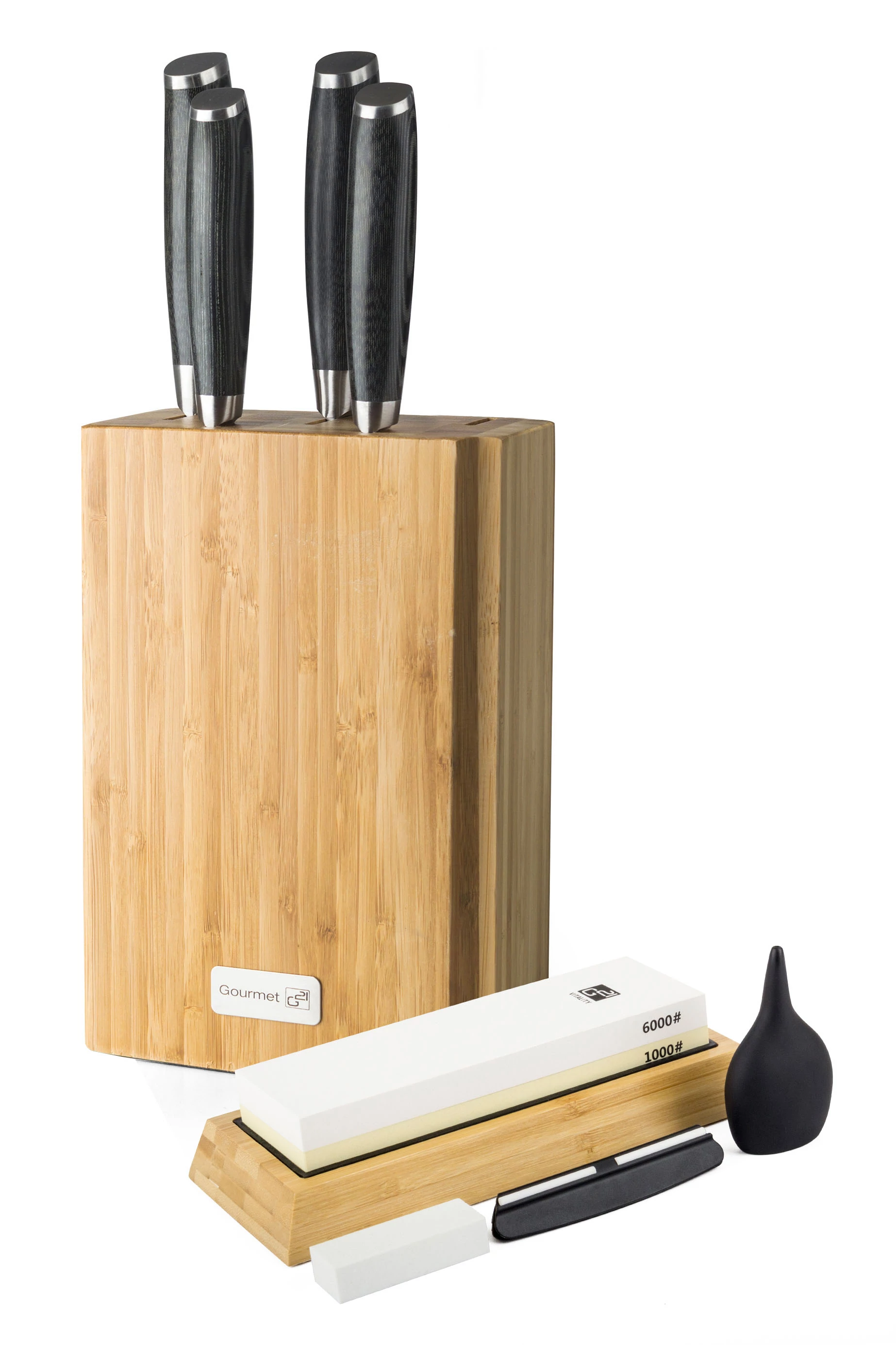 G21 Gourmet Damascus késkészlet bambusz blokkban 4 db + köszörűkő (6002223)